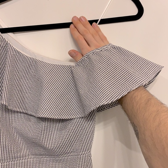 Banana Republic Size 2 Pinstripe One Shoulder Stretch Cotton Dress - Picture 8 of 14